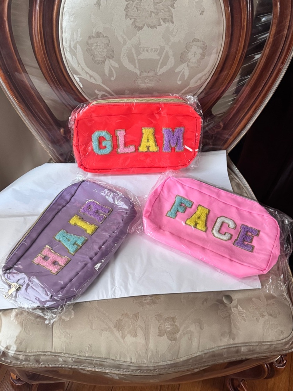 Set of 3 Quilted Makeup Bags - GLAM, HAIR, FACE